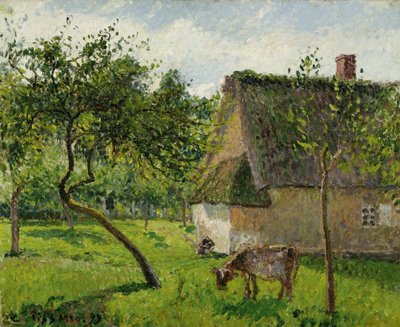 Boomgaard in Varengeville met koe door Camille Jacob Pissarro